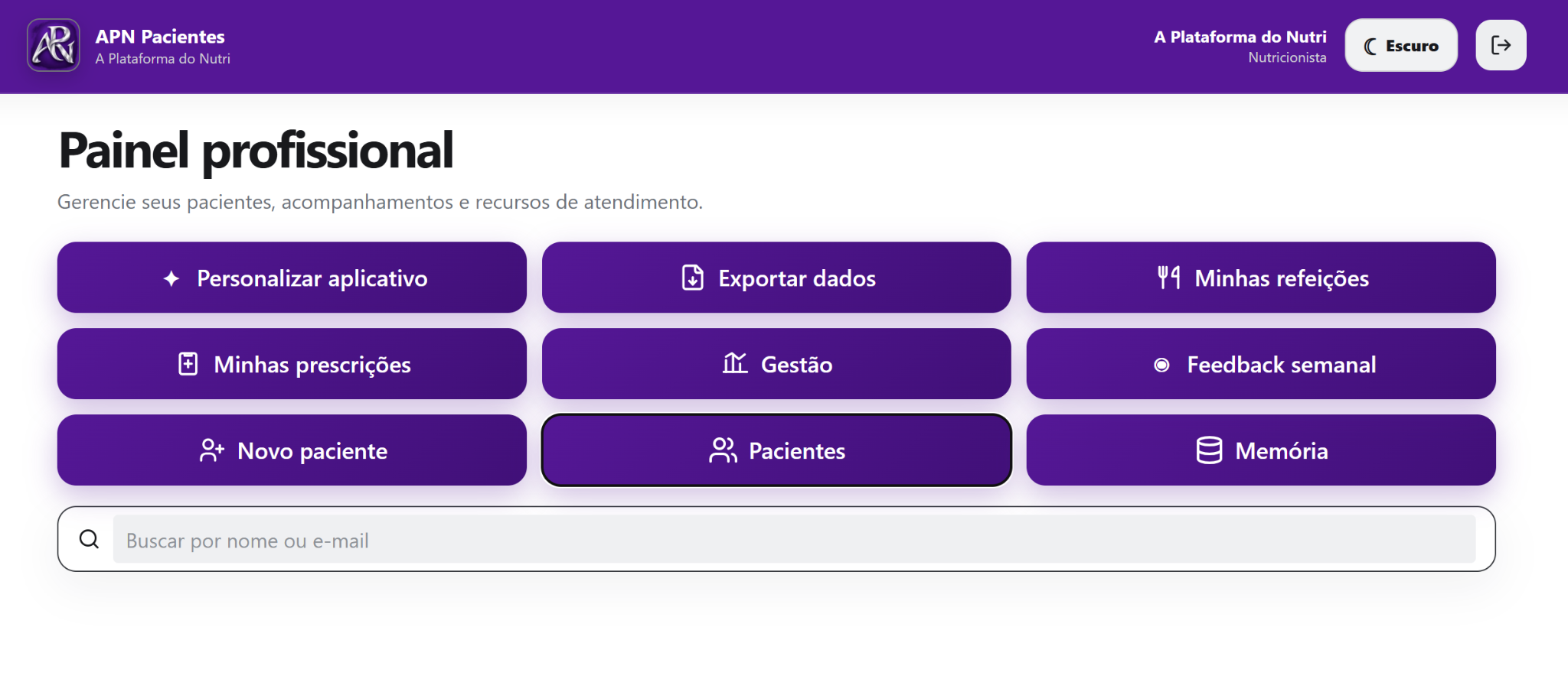 Dashboard profissional atualizado da APN com personalização do aplicativo, gestão, exportação de dados, refeições e prescrições
