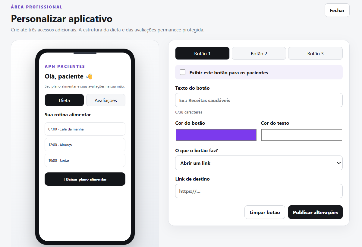 Painel da APN para personalizar botões no aplicativo do paciente